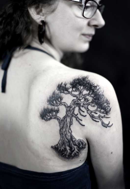 Bonsai tree tattoo on back