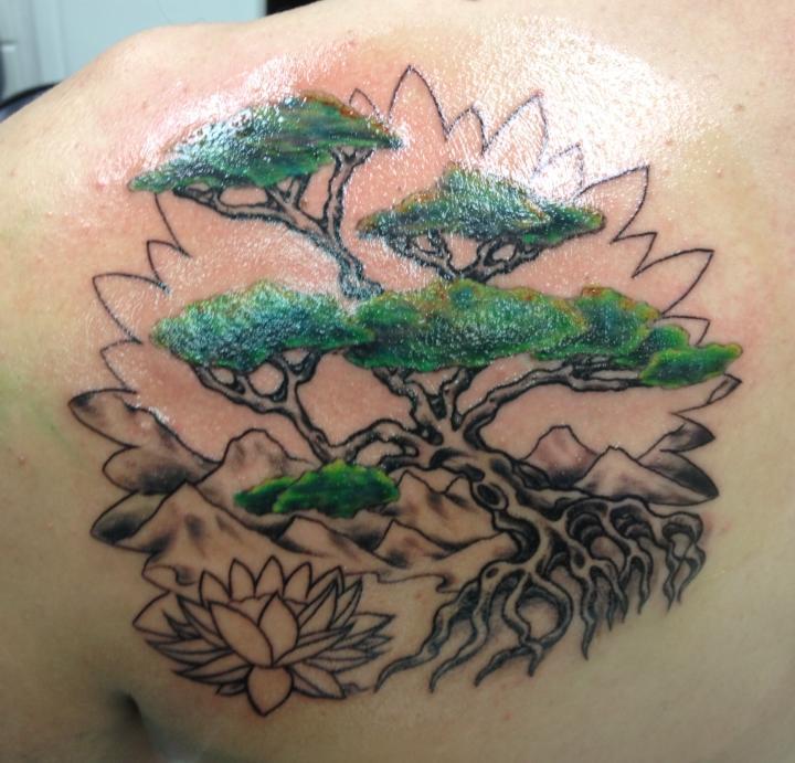 Bonsai tree tattoo on back