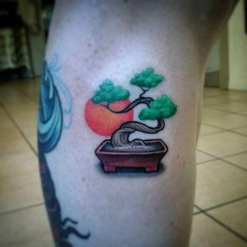 Bonsai tree tattoo on leg 1