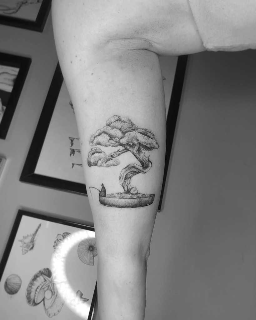 Bonsai tree tattoo on leg 