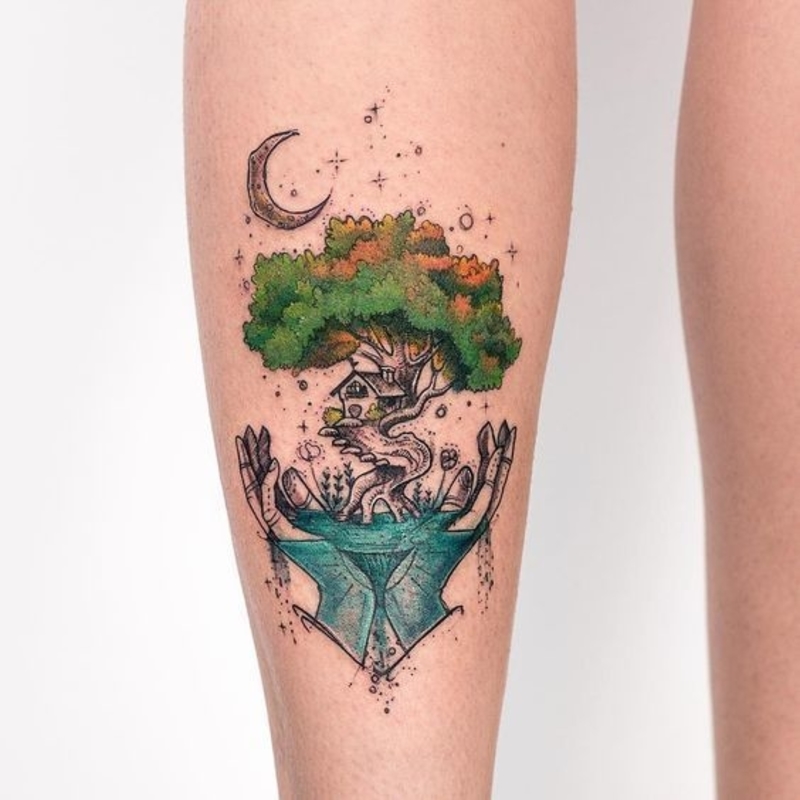 Bonsai tree tattoo on leg 