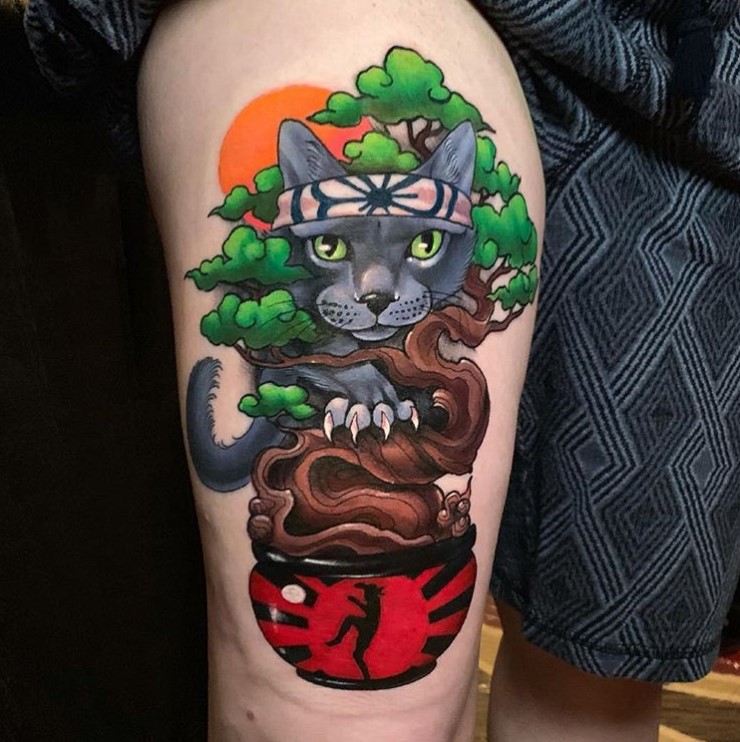 Karate Kid themed cat and bonsai tattoo