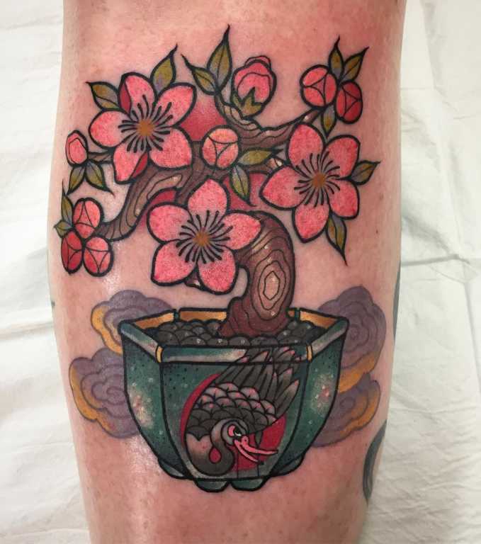 Neo trad cherry blossom bonsai tree tattoo