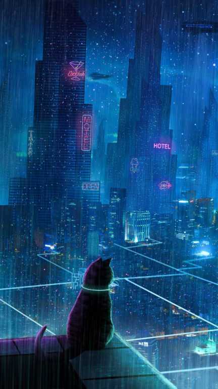 Cat Roof City Neon Lights