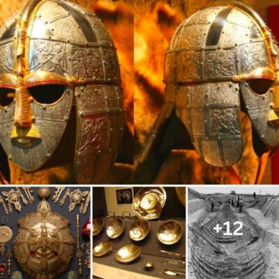Full-face helmet from 7th century reveals richest ship burial ever found at Sutton Hoo with more than 260 precious artifacts including weapons, armor coins, jewelry, locks gold, patterned plaque and silver cutlery.