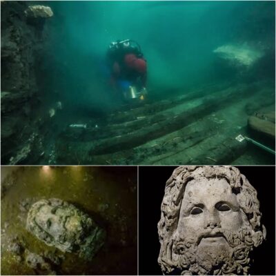 Marine archaeologists examining a colossal marble head of the Greco-Egyptian god Serapis at Thonis-Herakleion